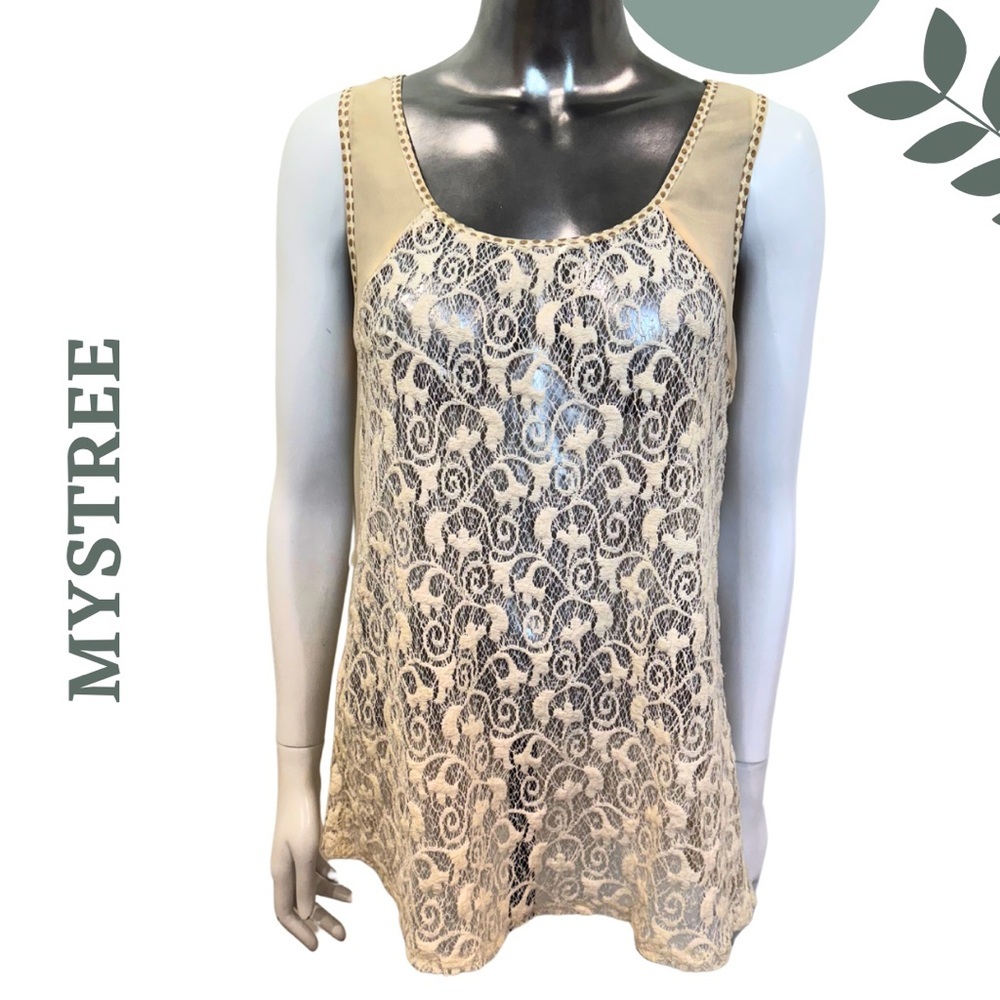 Mystree Cream Lace Tunic Tank | Soft Feminine Boho Style | Sleeveless Sz Medium